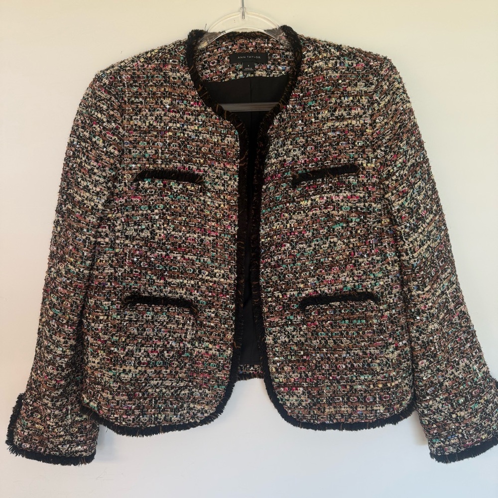 Ann Taylor Tweed Multicolor Sequin Chenille Open Front Fringe Jacket Sz 8